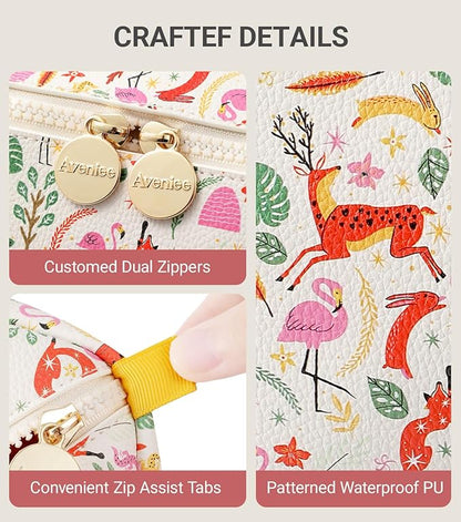 Aveniee Travel Makeup Bag for Women, Large Cosmetic Organizer with Open-Flat Design, Clear Divider & Handle - Waterproof PU Leather Toiletry Pouch