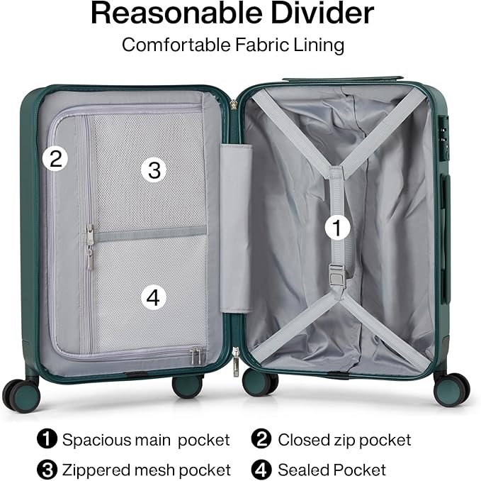 Hanke 20 Inch Carry On Luggage 22x14x9 Airline Approved PC Hard Shell Suitcases with Wheels TSA Luggage for Women Men Lightweight Travel Luggage(Blackish Green)