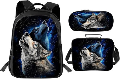 Wolf Backpack Wild 17 Inches Bookbag 3PCS Set with Lunch Box Pencil Case Daypack for Kids Boys
