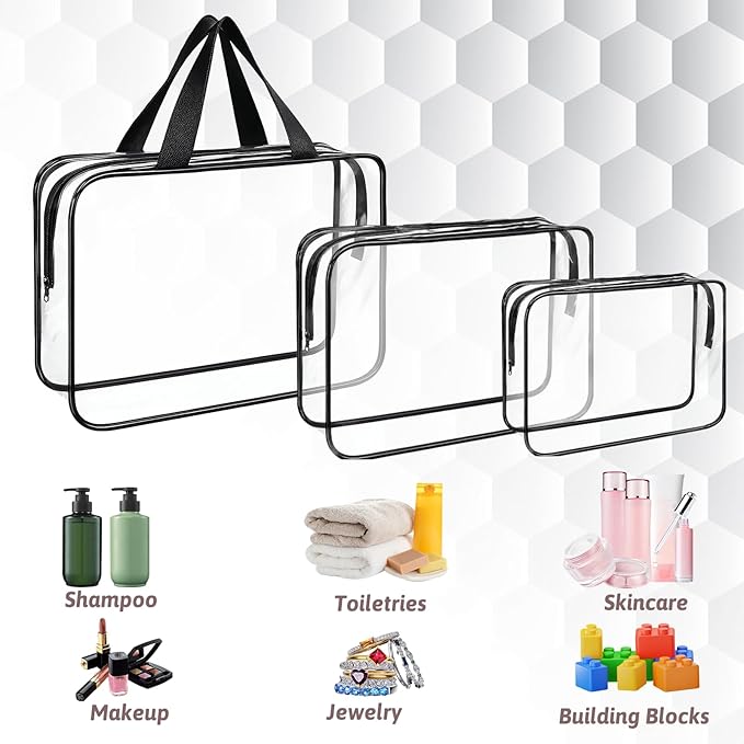 12 PCS Clear Travel Makeup Toiletry Bag, PVC Makeup Bags in 3 Sizes, Portable Travel Luggage Pouch, Waterproof Clear Toiletry Luggage Set with Zipper Handle for Women Girls Men