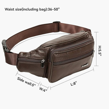 Leather Fanny Pack for Men Women,Genuine Leather Waist Belt Bag with Adjustable Strap Belt Hip Bag with Multi-Pockets for Travel Sports Running Cycling Hiking (brown)