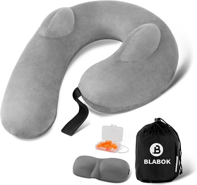 Inflatable Neck Pillow for Travel, Travel Pillow Support Head and Neck, Travel Neck Pillow for Airplane,Train,Car,Office,Home,Washable Cover (Grey)