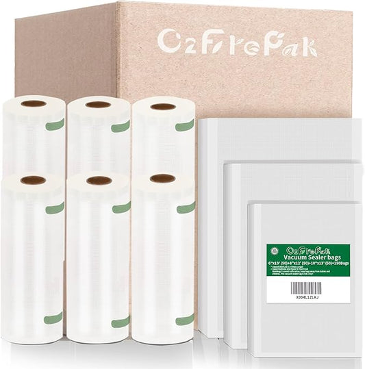 O2frepak Multi-Size 50x 6''x10'',50x 8''x12'',50 X10'' X13''and 3 Rolls11''x20',3 Rolls 8''x20' BPA Free Sous Vide Seal a Meal Commercial Grade Vacuum Seal PreCut Combo Pack Bags Rolls