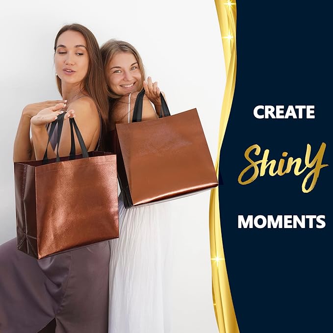 Nush Nush Chocolate Gift Bags Large Size – Set of 60 Reusable Shiny Brown Gift Bags With Handles- Metallic Party Favors Bags In Bulk For Small Business Use In Gifting Events, Birthdays - 13Wx5Dx11H