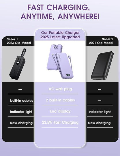 Portable Charger, 12000mAh 22.5W USB C Fast Charging Power Bank with Built-in Cables and AC Wall Plug, Smart LED Display Travel Essentials Battery Pack Compatible with iPhone, iPad, Samsung etc Purple