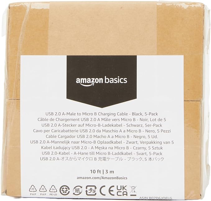 Amazon Basics 5-Pack USB-A to Micro USB Charging Cable, 480Mbps Transfer Speed with Gold-Plated Plugs, USB 2.0, 10 foot, Black