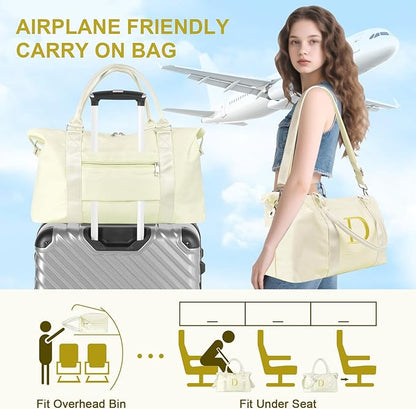 Personalized Initial Gym Dance Bag, Travel Duffel Bag for Teen Girls, Carry On Bag Overnight Weekender Bag with Trolley Sleeve, Birthday Gifts for Women Mom Daughter Graduation Gift(Letter D, Beige)