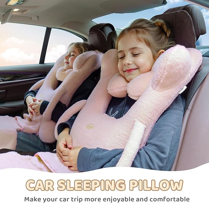 FLORICH Car Sleeping Travel Pillow for Kids, Kids Travel Pillow Removable H-Shaped Pillow for Adults and Children to Support Head and Body Road Trips with Neck Pillow and Blanket (Pink)