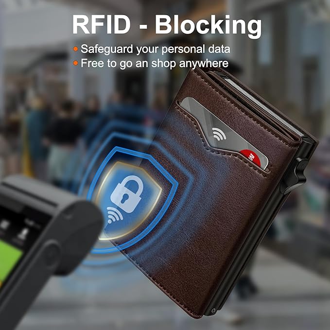 Wallet for Men,with Cash Pocket 2 ID Window 9-13 Cards,Metal Case Smart Slim Pop Up Credit Card Holder Flip with Magnetic Closure RFID Blocking Trifold wallet with Gift Box