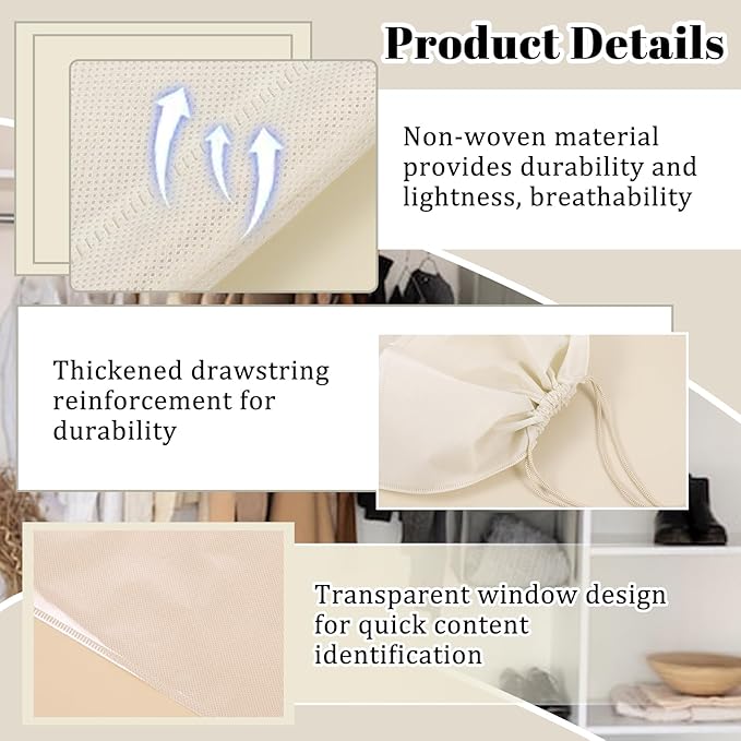16 PCS Purse Dust Bags for Handbags Dustproof Drawstring Storage Bag with Clear Window, Non Woven Fabric Travel Shoe Storage Bag Beige Dust Cover Fabric Handbag Pouch Covers with Assorted Sizes