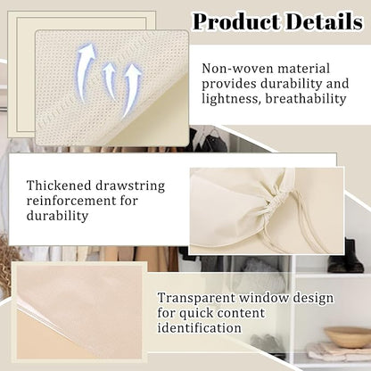 16 PCS Purse Dust Bags for Handbags Dustproof Drawstring Storage Bag with Clear Window, Non Woven Fabric Travel Shoe Storage Bag Beige Dust Cover Fabric Handbag Pouch Covers with Assorted Sizes