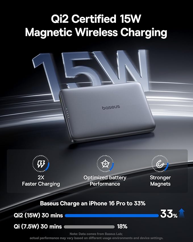 Baseus Picogo Magsafe Portable Charger, Qi2 15W 0.5" Ultra Slim 10000mAh Wireless Power Bank, 27W Fast Charging Magnetic Battery Pack with USB-C for iPhone 17 Pro Max/17 Pro/Air/16/15/14/13/12