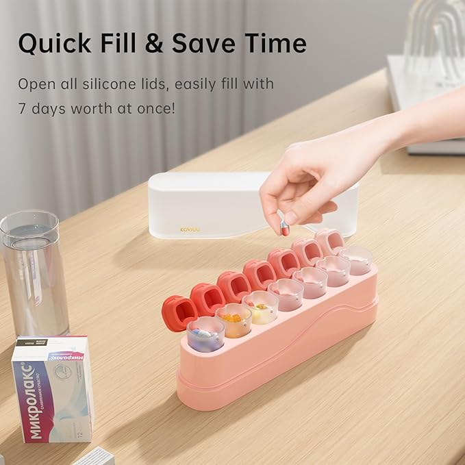 Weekly Pill Organizer 1 Time a Day, KOVIUU Removable Pill Box 7 Day, Portable Travel Pill Case, Once Daily Medication Container Holder, Week Pillbox Dispenser for Vitamin Medicine Supplement, Pink