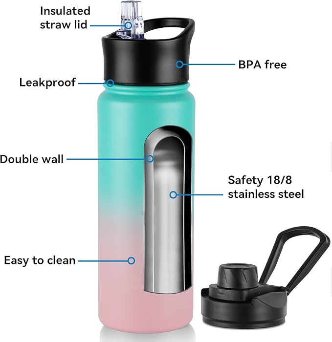 24oz Insulated Water Bottle with Straw Lid, Stainless Steel Metal Water Bottle with Straw & Wide Mouth Lid, Double Wall Vacuum Water Bottle for Hiking Camping, Bubble Gum 1 Pack