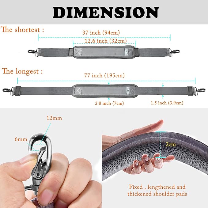 ZINZ 77 Inch Shoulder Strap Univesal Bag Strap with Fixed Pad Ultra Thick Plus Long & Breathable Cushion, Replacement Strap for Bags,Dark Gray