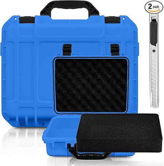 1 Pcs 16.3 x 12.4 x 6.5 Inch Waterproof Hard Case with DIY Customizable Foam Insert Portable Protective Case with Knife for Camera Drones Equipments Tools Test Instruments (Blue)