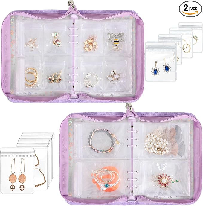 Jewelry Organizer Case Travel Clear Earring Organizer Case Transparent Jewelry Storage Book with Clear Zippered Jewelry Pouch (Purple, Set Pack of 2 Jewelry books)