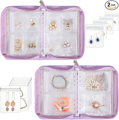 Jewelry Organizer Case Travel Clear Earring Organizer Case Transparent Jewelry Storage Book with Clear Zippered Jewelry Pouch (Purple, Set Pack of 2 Jewelry books)