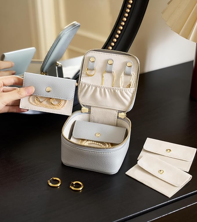 Popvibe Small Jewelry Travel Case for Women Mini Jewelry Box Organzier Traveling with 6 Jewelry Pouch Small Jewelry Bags, Leather Travel Size Jewelry Organizer Bag for Earrings Necklace, Blue Gray