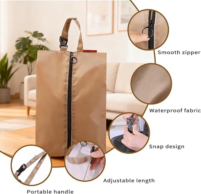 4Pack Travel Shoe Bags for Packing in Suitcase - Cleat Bags for Sports Smell Proof with Snap and Zipper, Waterproof Dustproof Shoe Pouch for Golf Soccer Gym Sports Travel (Black+Khaki)