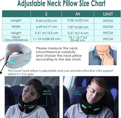 Travel Pillow, Super Neck Chin Head Support, Memory Foam, Neck Pillows for Travel Sleeping Airplane Car Office with Compact Carry Bag Black Small