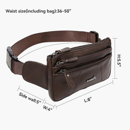 Leather Fanny Pack for Men Women,Genuine Leather Waist Belt Bag with Adjustable Strap Belt Hip Bag with Multi-Pockets for Travel Sports Running Cycling Hiking (brown)