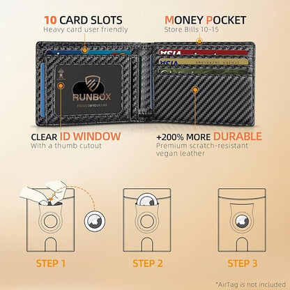 RUNBOX AirTag-Wallet-Mens-Slim-RFID Blocking Wallets Leather with Bill Compartment Air Tag Bifold Card Holder Wallet Gifts for Men Dad