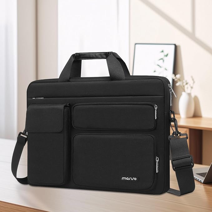 MOSISO Laptop Shoulder Bag 17.3 inch, 17-17.3 inch Computer Bag Compatible with Dell XPS/HP Pavilion/Ideapad/Acer/Alienware/HP Omen with 2 Raised&1 Flapover&1 Horizontal Pocket&Handle&Belt, Black
