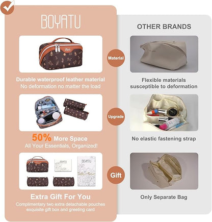 BOYATU Travel Makeup Bag Cosmetic Bags for Women: 3 Pcs Set Portable Make up Bag with Handle - Vegan Leather Toiletry Bags with Compartments - Makeup Organizer for Travel Essentials(L-1-Brown)