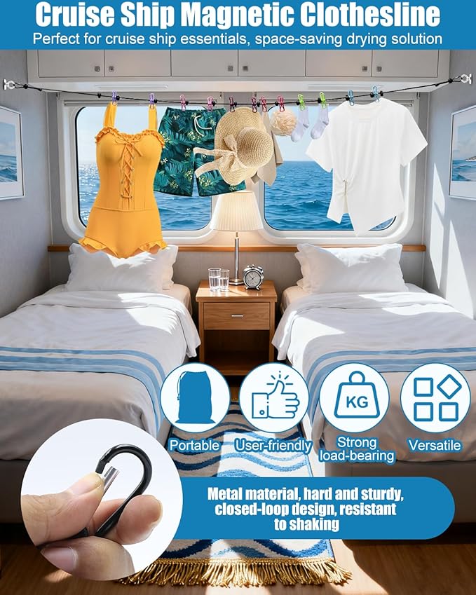 Magnetic Retractable Clothesline for Cruise Ship–12 Anti-Slip Clips & Waterproof Storage Bag, Portable Travel Laundry Line, Cruise Essentials for Cabin, Camping, RV