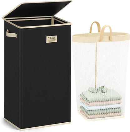 SOLEDI Laundry Hamper with Lid 100L Large & Tall Collapsible Laundry Basket, Clothes Hamper with Bag Removable Easy to Carry, Dirty Hampers for Bedroom, Bathroom, Dorm, College, Pitch Black