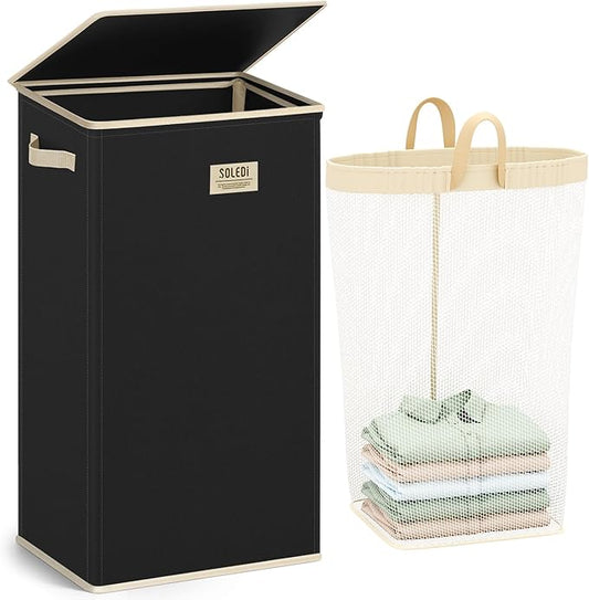 SOLEDI Laundry Hamper with Lid 100L Large & Tall Collapsible Laundry Basket, Clothes Hamper with Bag Removable Easy to Carry, Dirty Hampers for Bedroom, Bathroom, Dorm, College, Pitch Black