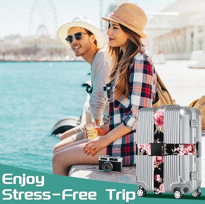 Slohif Luggage Straps for Suitcases Travel Belt Accessories Luggage Connector Identifiers Over Handle with Buckle Unique Nylon Adjustable Strap for Sleeping Bag Car Seat Black(2 Pack)