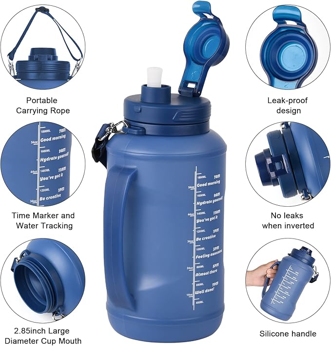 Collapsible Water Bottles, 2L/64OZ travel water bottle Bottle with Straw, Half Gallon Large Water Bottle for Travel Outdoor Sports Runing Fitness Yoga (Upgraded blue)