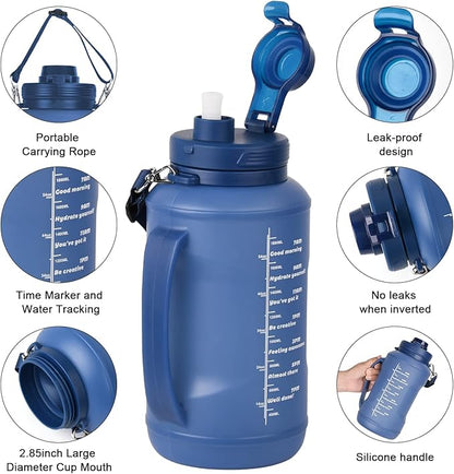 Collapsible Water Bottles, 2L/64OZ travel water bottle Bottle with Straw, Half Gallon Large Water Bottle for Travel Outdoor Sports Runing Fitness Yoga (Upgraded blue)