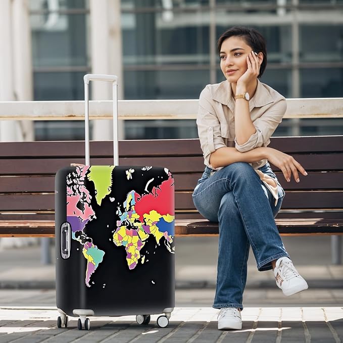 World Map Luggage Cover – Durable and Stylish Travel Suitcase Protector for Travel Enthusiasts, Fits Most Luggage Sizes,L