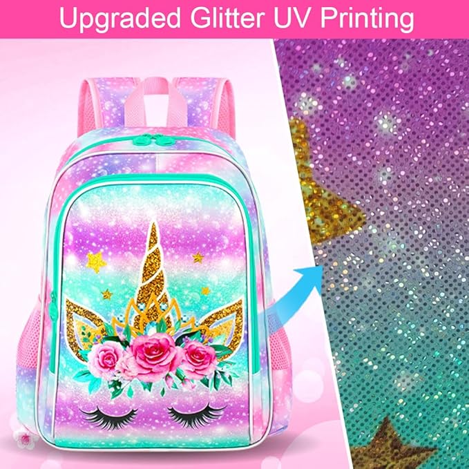 WZLVO 3PCS Unicorn Backpack for Girls, 16" Kids Preschool Bookbag with Lunch Box，Water Resistant School Backpacks Set for Elementary Kindergarten