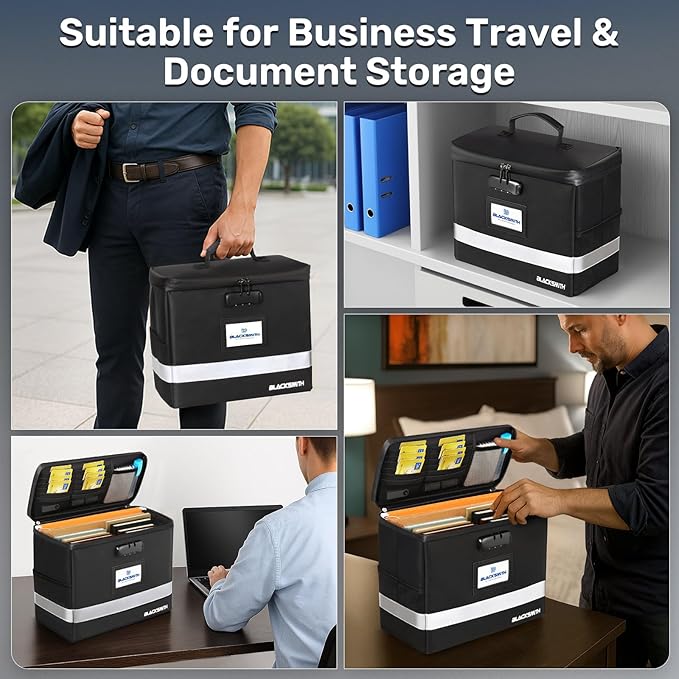 BlackSmith Fireproof Document Box With Lock, 4200°F Heat Resistant & IPX3 Waterproof Document Bag with Hanging File Organizer for Letter Size, Collapsible Portable File Safe Box for Office, Travel