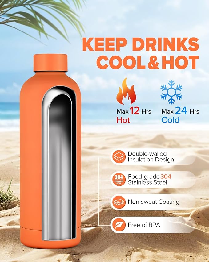 Insulated Water Bottle with Lid, 25 oz Reusable Leak-Proof Metal Stainless Steel Water Bottles for Travel, Sports, Gym, Outdoor (Orange)