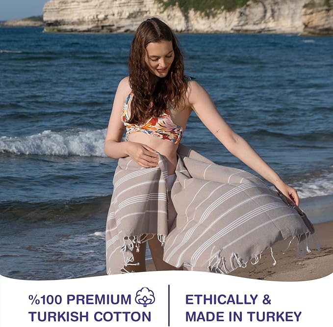 Turkish Beach Towels, Bulk Case of 12 | Oversized, Quick Dry, Sand Free | 100% Cotton, Large 38x71 Towels for Beach, Pool, Travel | Ultra-Soft, Compact, Absorbent | Light Brown