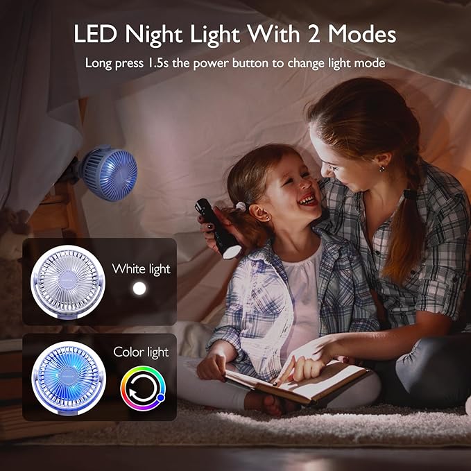 Momcozy Portable Stroller Fan, 8000mAh, 27H Ultra-long Battery Life, Detachable 4 Speed 360°Rotate, LED Night Light with 2 Modes, USB Rechargeable Handheld Cooling Fan for Travel, Car Seat, Bedroom