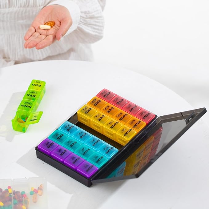 XL Large Weekly Pill Organizer 4 Times a Day, 7-Day Pill Boxes and Organizer AM PM, Big Compartments Pill Case, Monthly Medication Organizer 28 Days Dispenser for Fish Oils