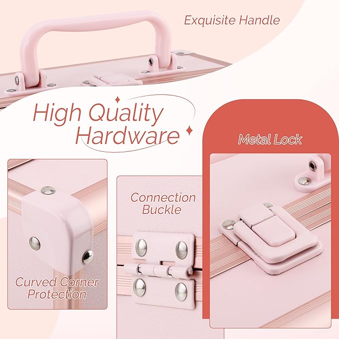 Makeup Train Case 2 Trays Makeup Box Organizer Portable Travel Makeup Case Lockable Makeup Storage Organizer Cosmetic Box for Jewelry Nail Tech Brushes Accessories Tool, Pink Pro
