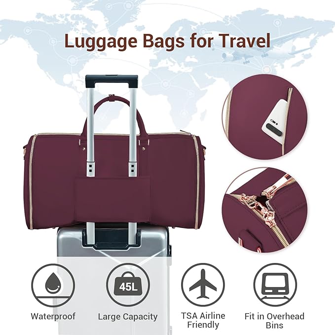 Garment Bags for Travel, Convertible Suit Travel Bag for Women, Stylish Carry On Garment Bag with Toiletry Pocket, Shoulder Strap and Shoes Compartment, 2 in 1 Foldable PU Leather Duffle Bag, Sangria