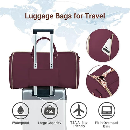 Garment Bags for Travel, Convertible Suit Travel Bag for Women, Stylish Carry On Garment Bag with Toiletry Pocket, Shoulder Strap and Shoes Compartment, 2 in 1 Foldable PU Leather Duffle Bag, Sangria