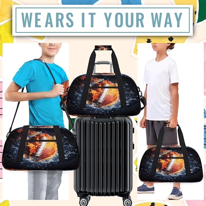 Kids Duffle Bag Girls Boys Sports Fire And Water Football Weekender Overnight Bag,Lightweight Duffel Bags for Traveling Gym Sport Dance