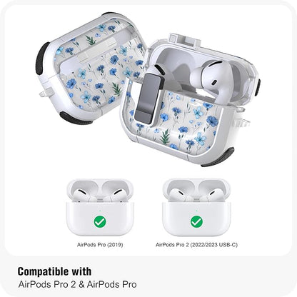 WENEW Case for AirPods Pro & Pro 2 Case Cover Secure Lock Automatic Snap Switch Clip Cleaner Kit Lanyard Women Stylish Flower Full Body Hard Shell Front LED Visible (Blue Flower, AirPods Pro & Pro 2)