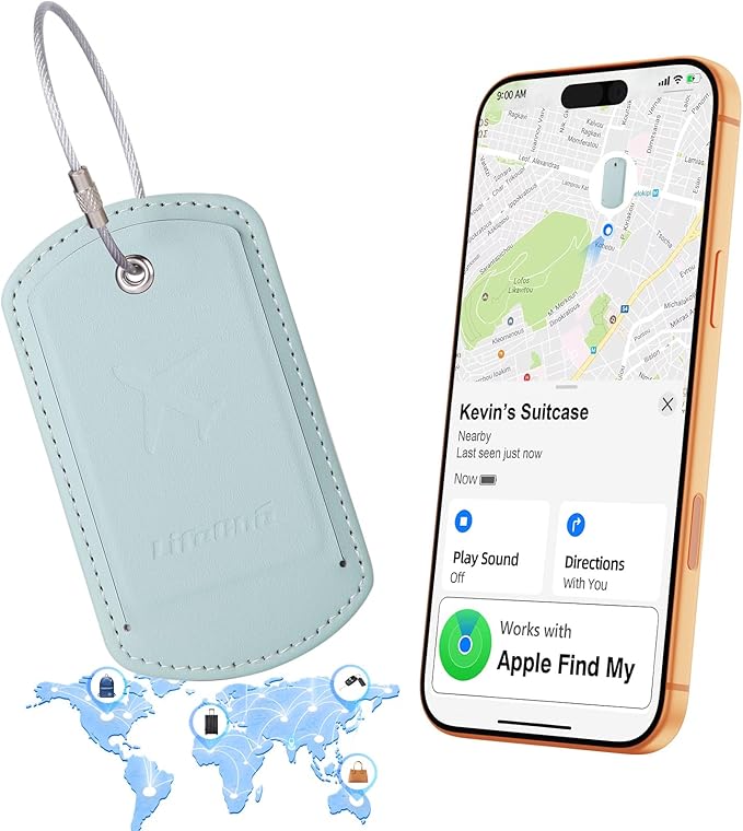 Luggage Tag with Tracker (iOS Only), Premium PU Leather Luggage Tags for Suitcase, Privacy Cover & ID Card Slot, Stainless Loop for Travel Bags, Backpack, Pet Carrier, Ideal Gadgets (Light Green)