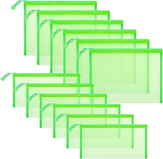 12 Pieces Zipper Nylon Mesh Pouch, Mesh Cosmetic Bags Makeup Bags Pencil Case, Multipurpose Travel Bags for Cosmetic School Office Supplies and Travel Accessories (Green, A5+B6)