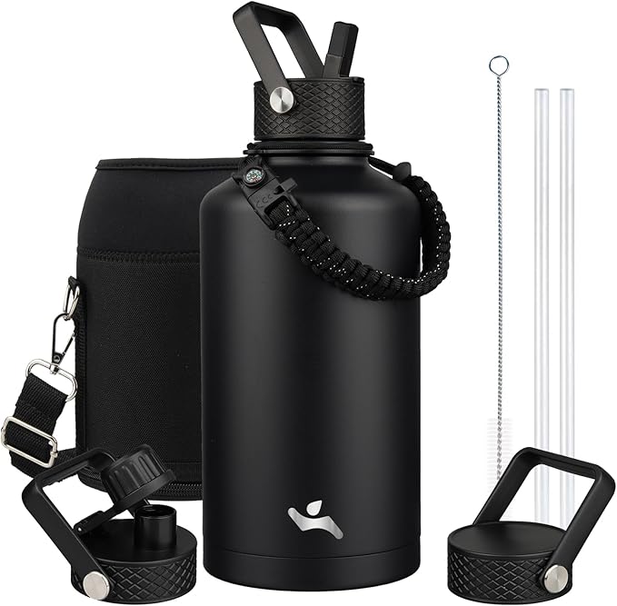 Insulated Water Bottle with Straw,87 oz 3 Lids Water Jug with Carrying Bag,Paracord Handle,Double Wall Vacuum Stainless Steel Metal Flask,Black